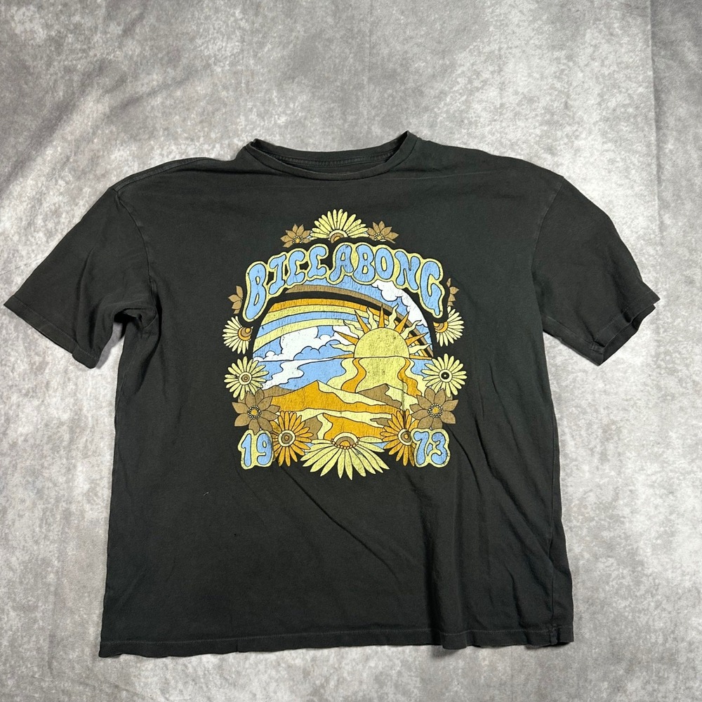 Billabong Womens XS Black Retro Sun Floral Surf Graphic T-Shirt 1973 Surf Tee